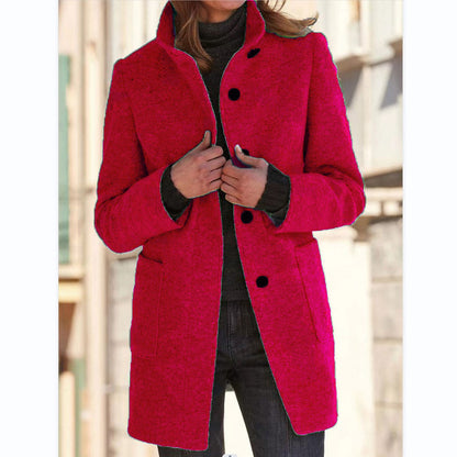 Fashion Stand Collar Woolen Coat with Pockets Fall Winter Casual Button Outwear for Women Clothing