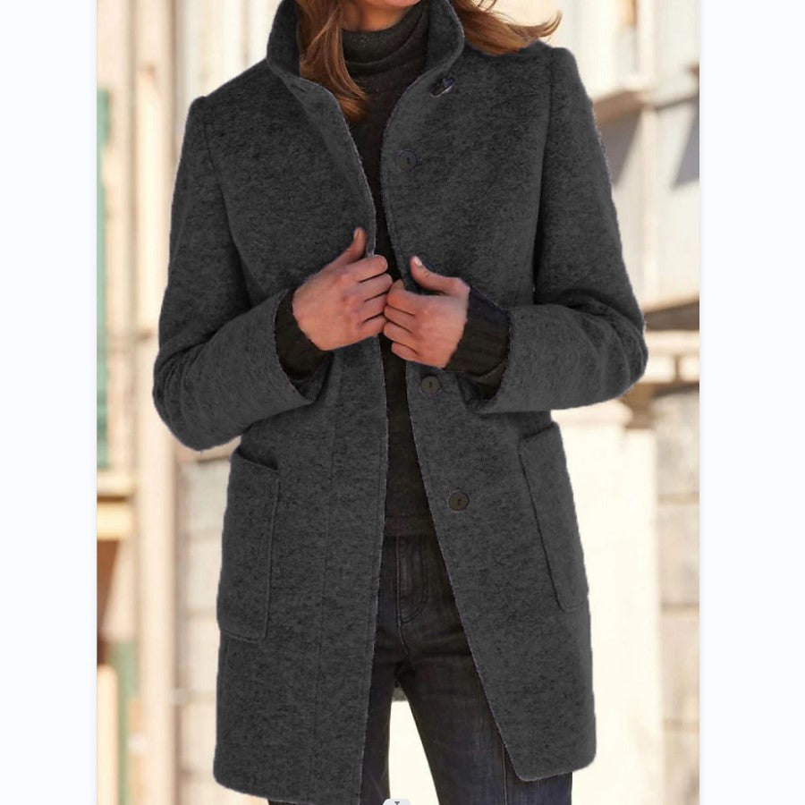 Fashion Stand Collar Woolen Coat with Pockets Fall Winter Casual Button Outwear for Women Clothing