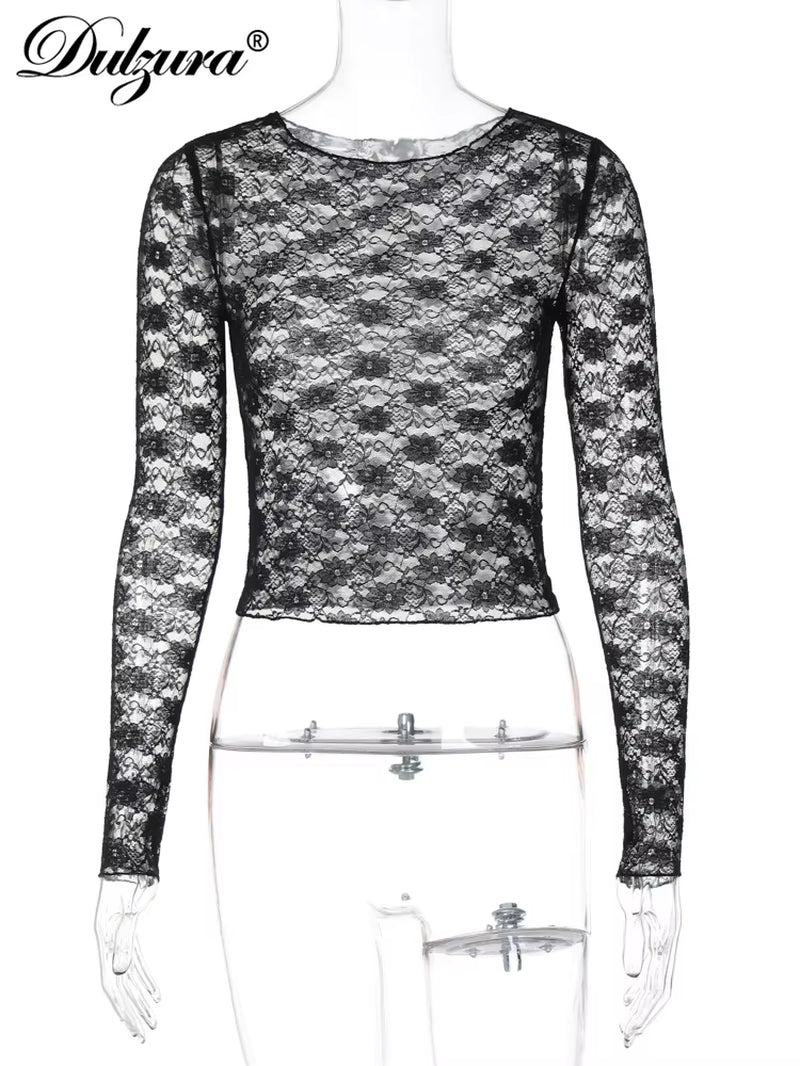 Long Sleeves See through Lace Crop Top Solid Sexy Bodycon T-Shirt for Women Party Club Spring Summer Clothes