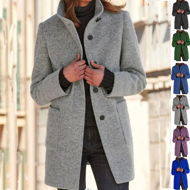 Fashion Stand Collar Woolen Coat with Pockets Fall Winter Casual Button Outwear for Women Clothing