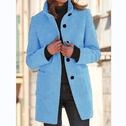 Fashion Stand Collar Woolen Coat with Pockets Fall Winter Casual Button Outwear for Women Clothing