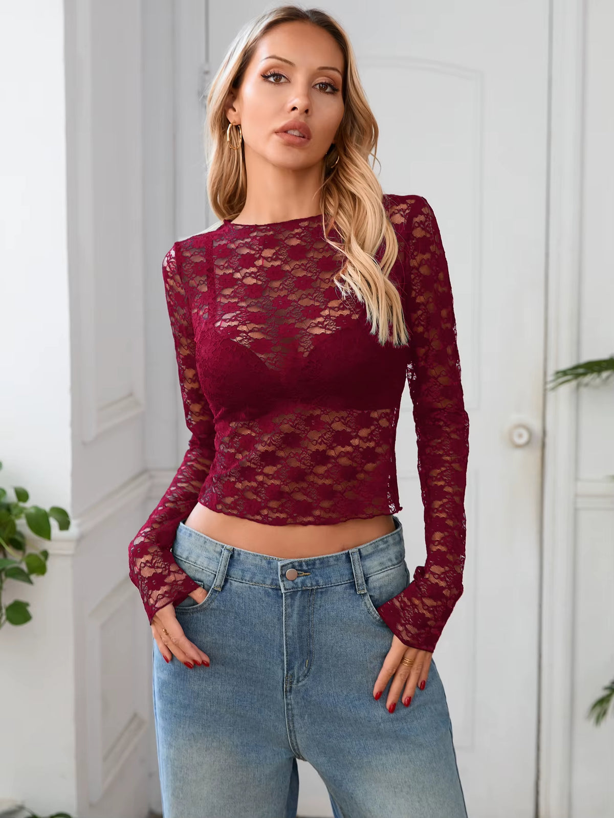 Long Sleeves See through Lace Crop Top Solid Sexy Bodycon T-Shirt for Women Party Club Spring Summer Clothes
