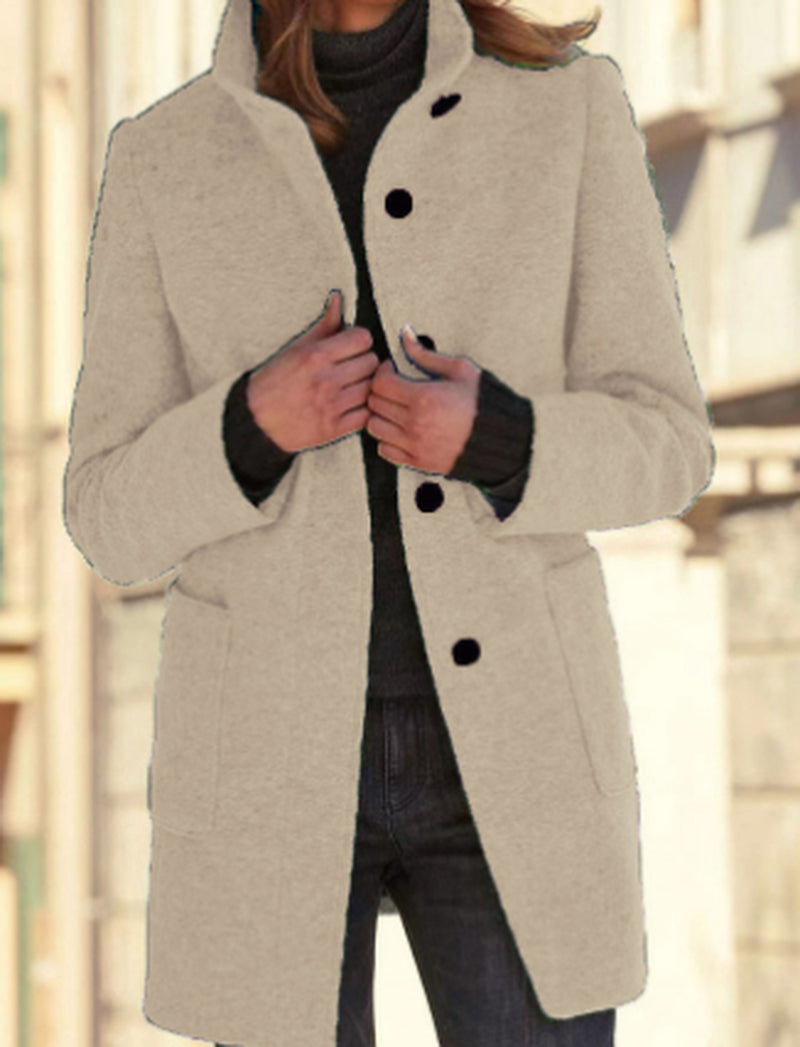 Fashion Stand Collar Woolen Coat with Pockets Fall Winter Casual Button Outwear for Women Clothing