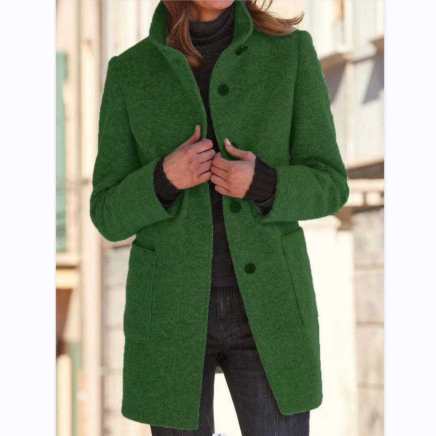 Fashion Stand Collar Woolen Coat with Pockets Fall Winter Casual Button Outwear for Women Clothing