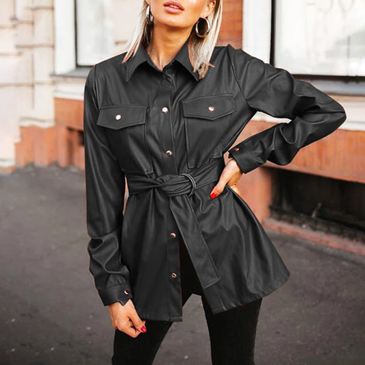 Woman with a Leather Shirt with Lapel Collar