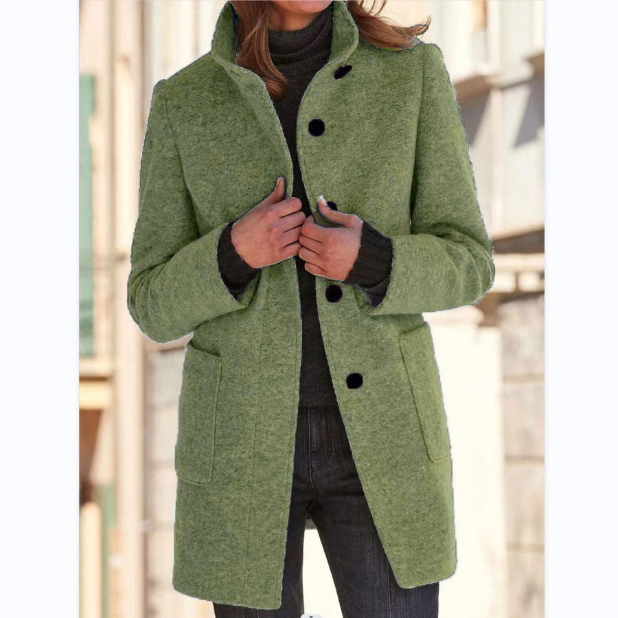 Fashion Stand Collar Woolen Coat with Pockets Fall Winter Casual Button Outwear for Women Clothing